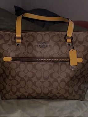 Coach Brown Signature Tote with Yellow Leather Handles